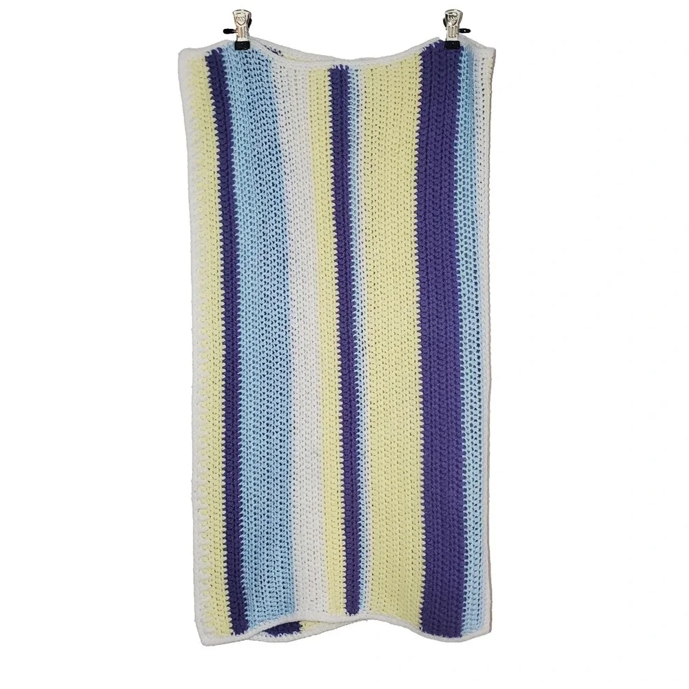 Handmade Crochet baby blanket striped white yellow‎ blue purple 31
